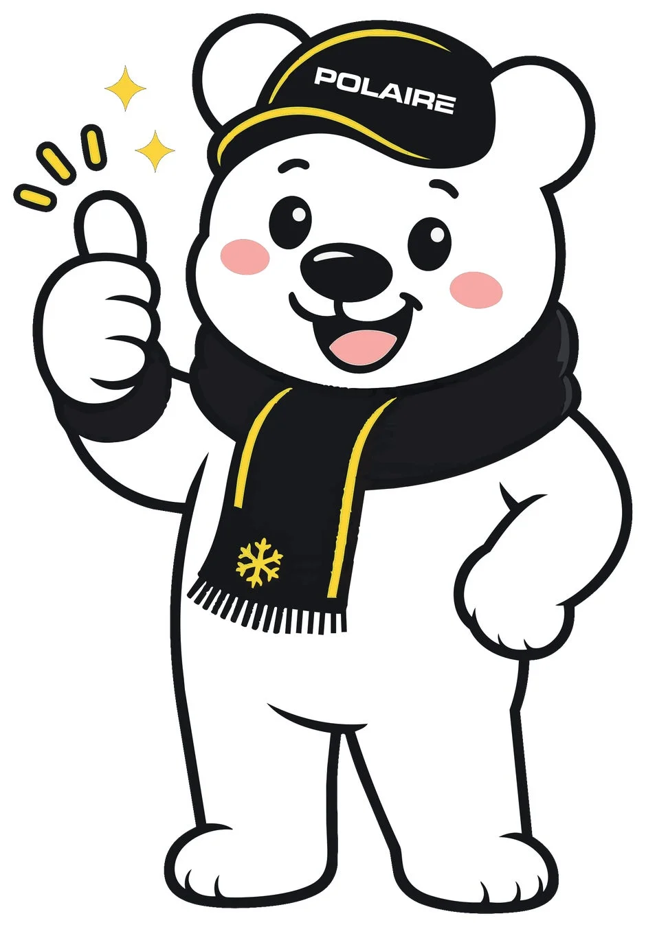 しろくま、マスコット、キャラクター、いいね、笑顔、かわいい、帽子、マフラー、雪の結晶、イラスト、白、黒、黄色