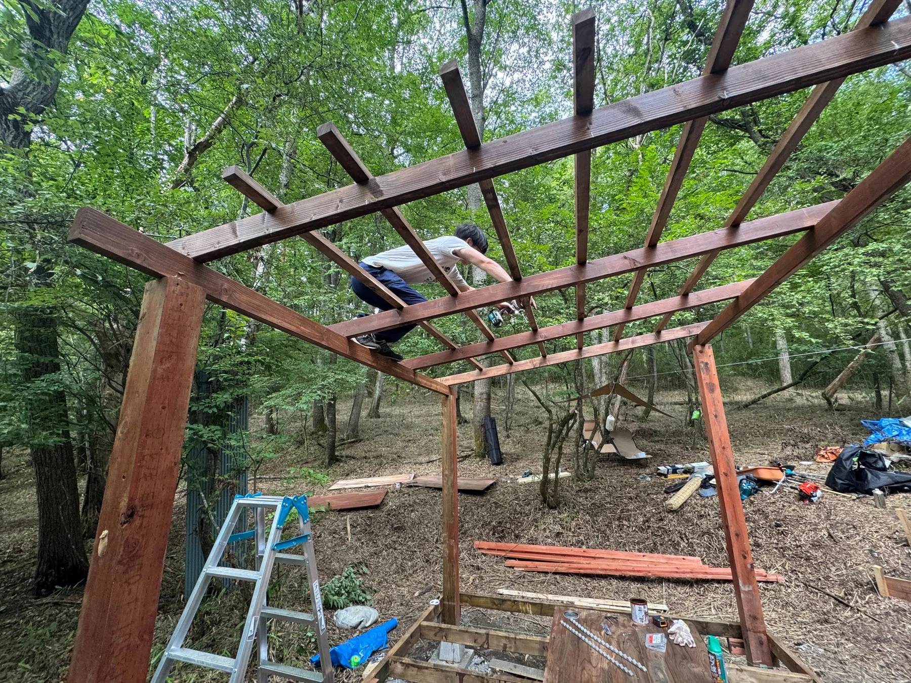 森林の中で、男性が電動ドリルを使い木製のパーゴラを組み立てています。屋外でのDIY建設作業の様子です。