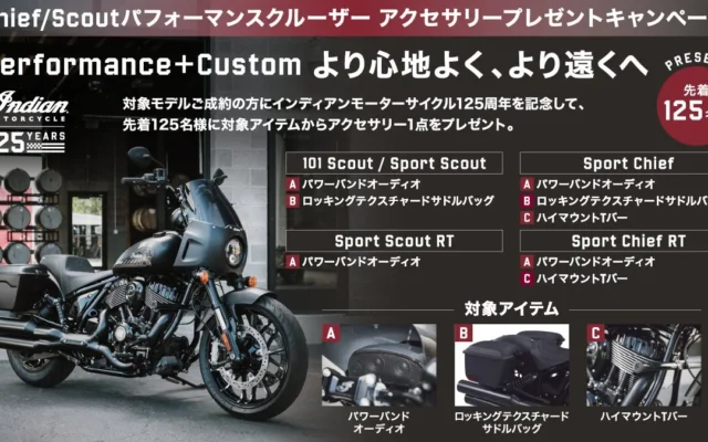 インディアン・モーターサイクル、パフォーマンスクルーザー対象のアクセサリープレゼントキャンペーンを開催