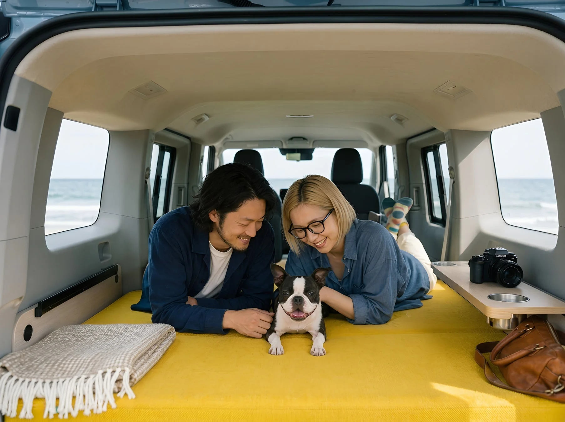 カップルと犬がベッドでくつろぐ様子