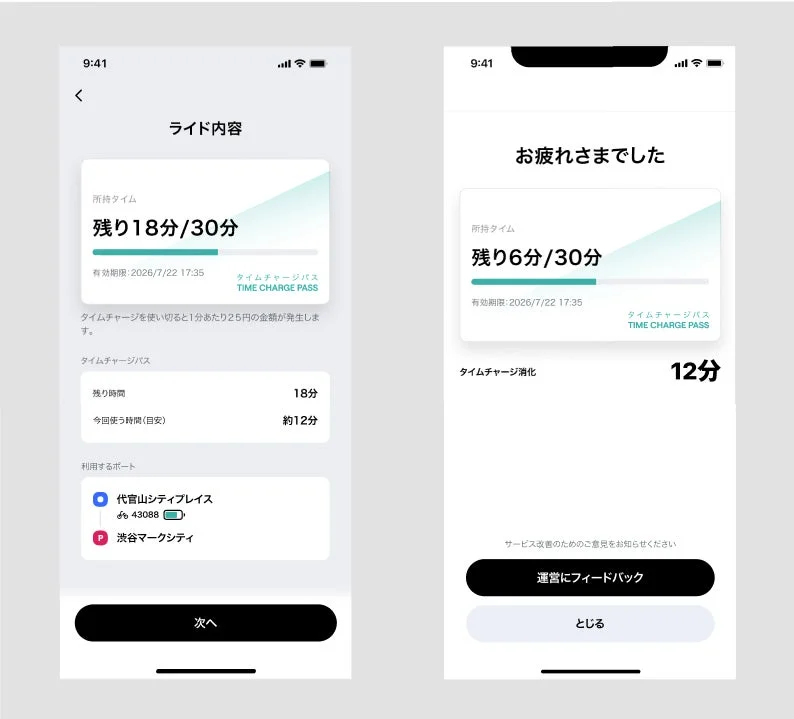 ライド中の画面と終了後の画面