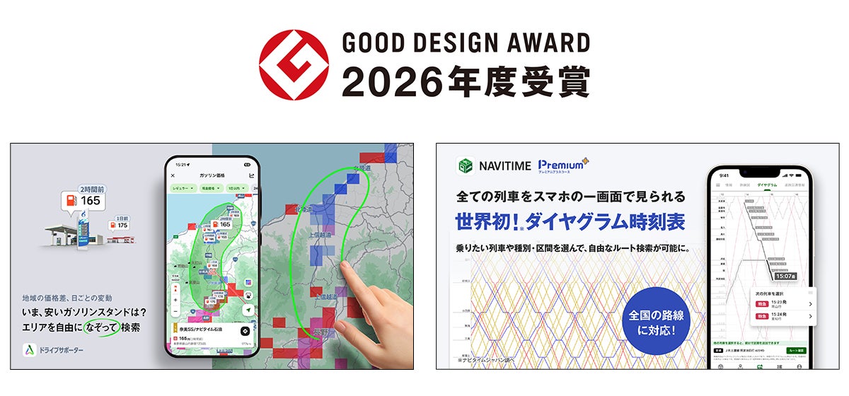 ナビタイムの「ガソリン価格なぞって検索」が2026年度グッドデザイン賞を受賞、「ダイヤグラム時刻表」もダブル受賞