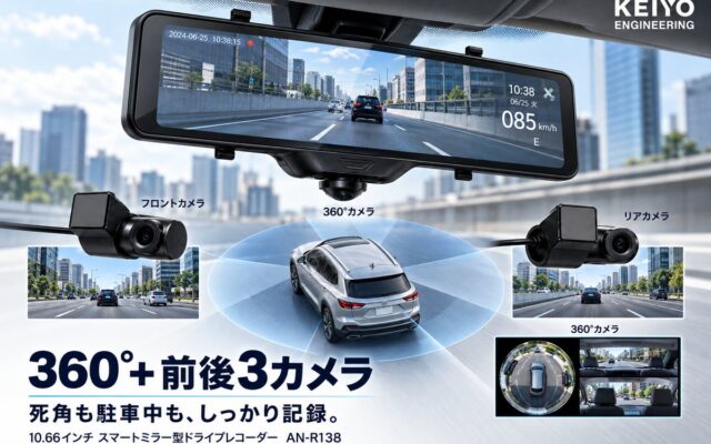 【KEIYO新商品】360°カメラ搭載スマートミラーに駐車監視システムを追加し,前後フルハイビジョンカメラを付けた10.66インチ全方位3カメラ式スマートミラー型ドライブレコーダーを販売開始！！